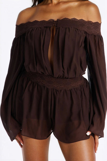 Cecilia Chiffon Off Shoulder Lace Romper - Chocolate