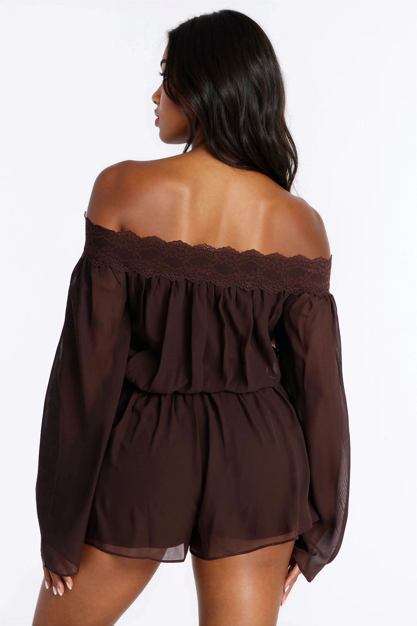 Cecilia Chiffon Off Shoulder Lace Romper - Chocolate