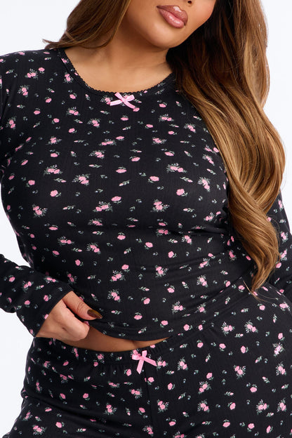 Dreamy Flowers Pointelle Long Sleeve PJ Short Set - Black/Pink
