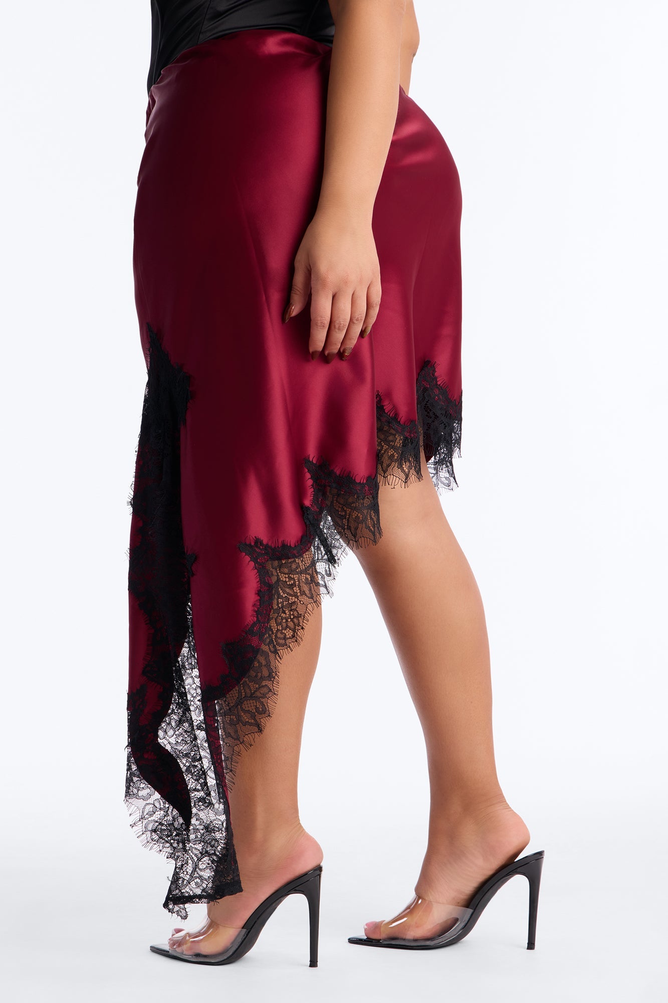 Juliette Asymmetrical Lace Trim Satin Midi Skirt - Wine