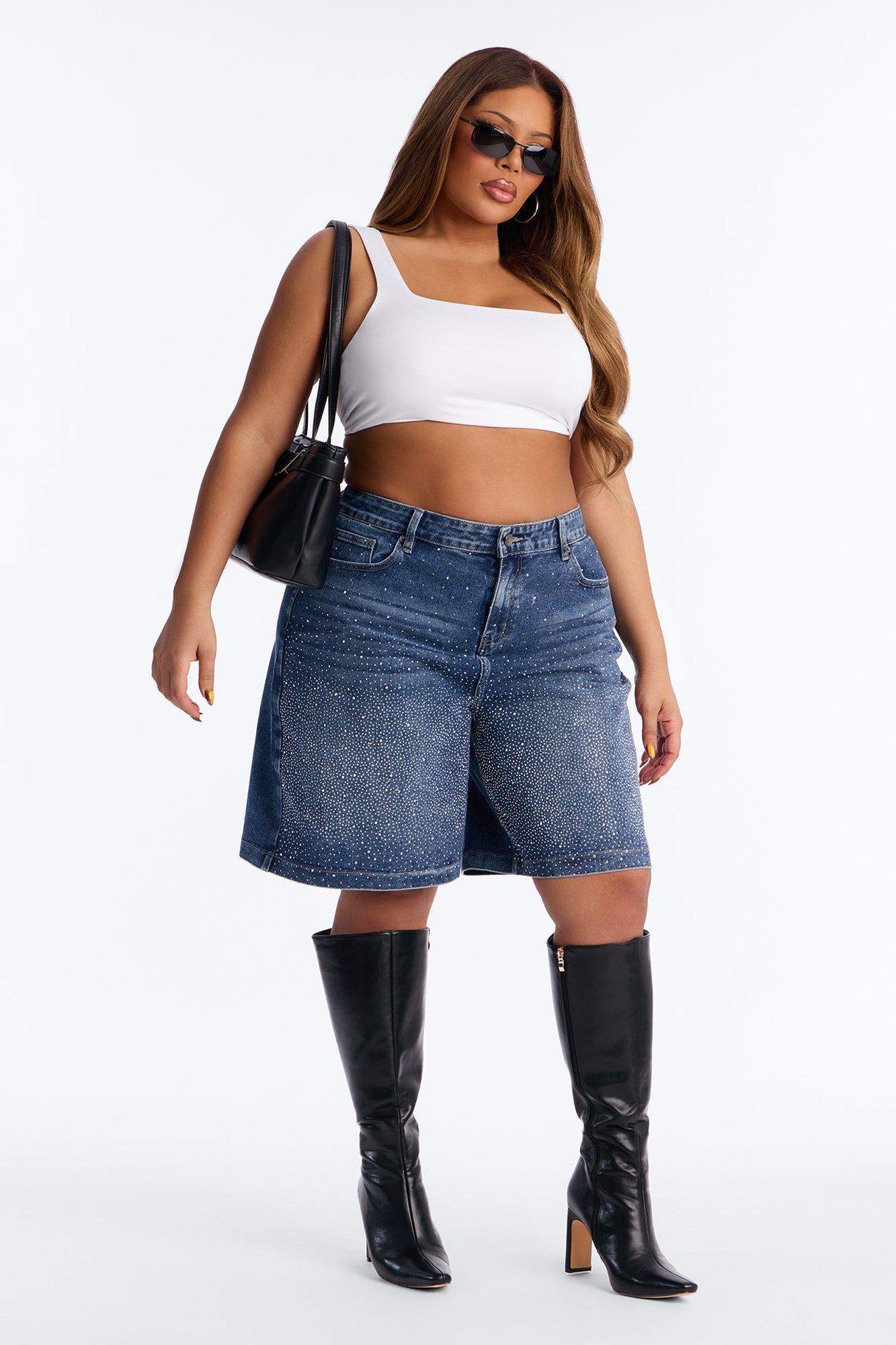 Fancy Pants Embellished Rhinestones Denim Shorts - Dark Wash