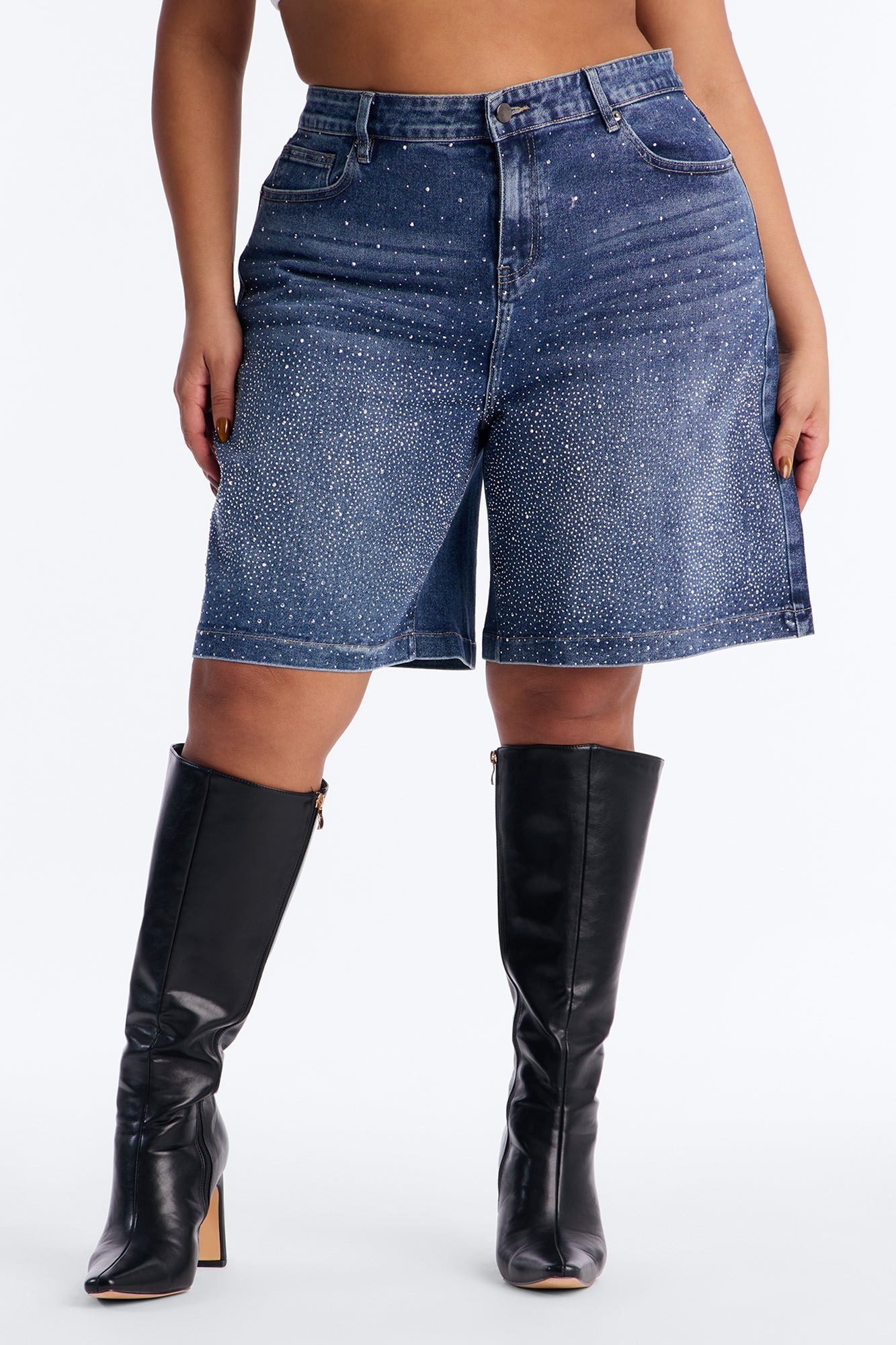 Fancy Pants Embellished Rhinestones Denim Shorts - Dark Wash