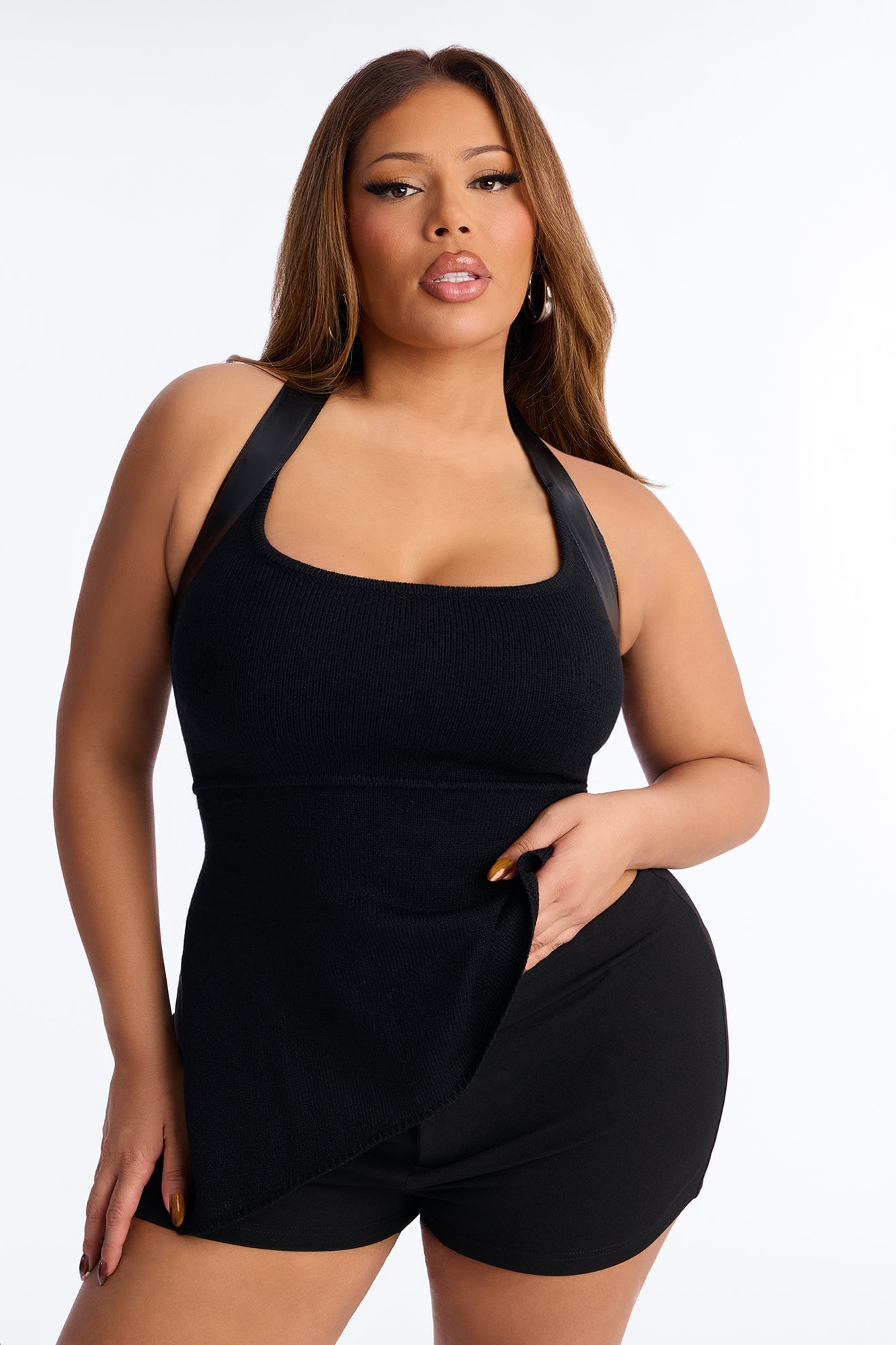 Call You Up Faux Leather Trim Sweater Halter Top - Black