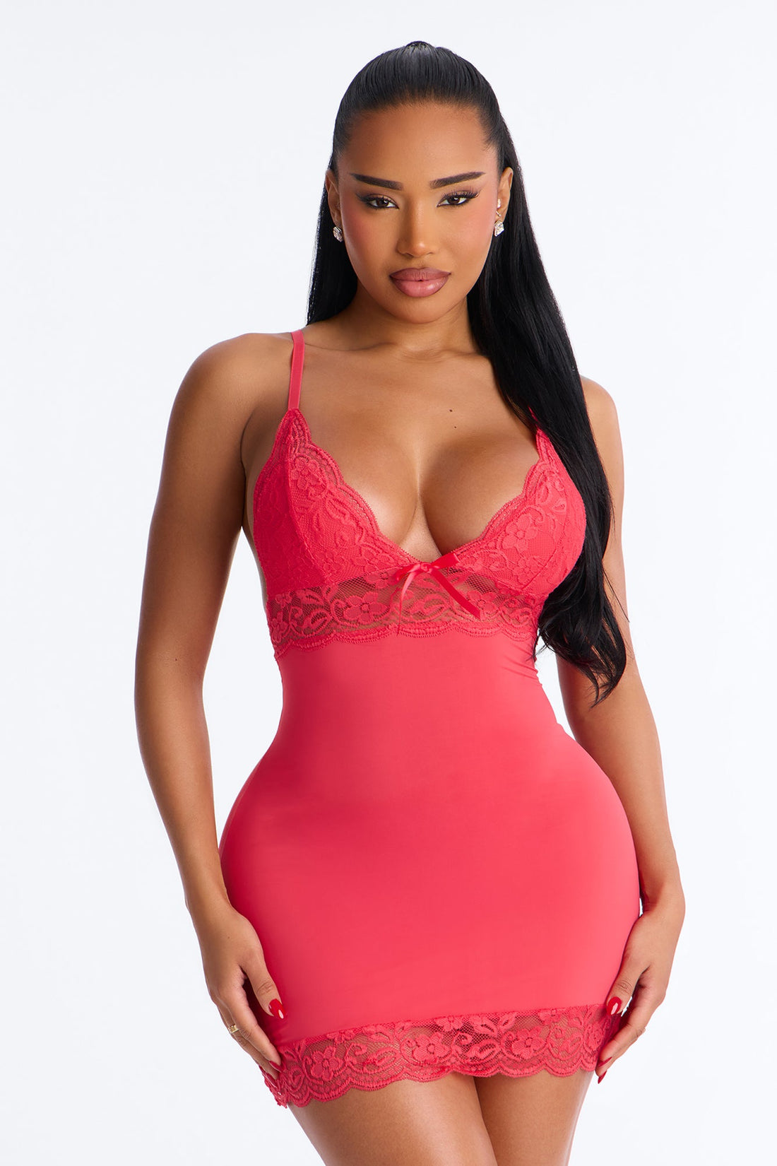 Ellie Stretch Knitted Lace Chemise - Coral