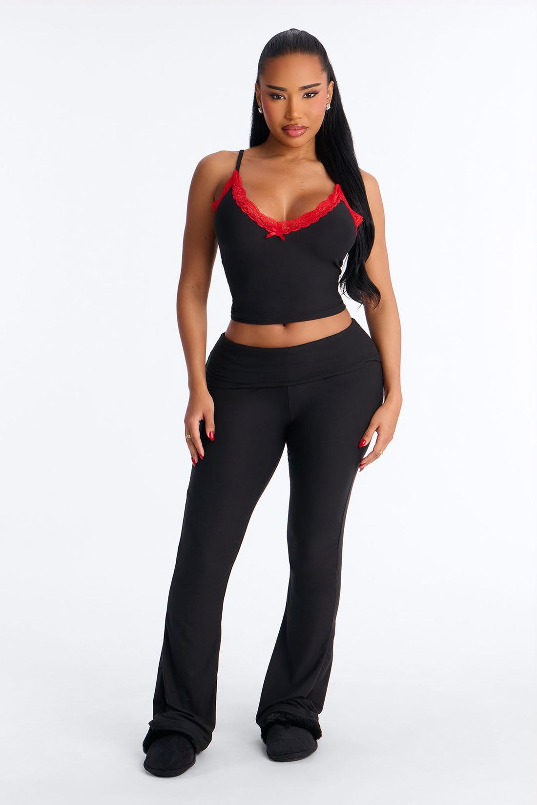 Always Sleeping Cami Fold Over Waist PJ Pant Set - Black/Red