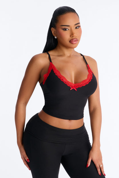 Always Sleeping Cami Fold Over Waist PJ Pant Set - Black/Red