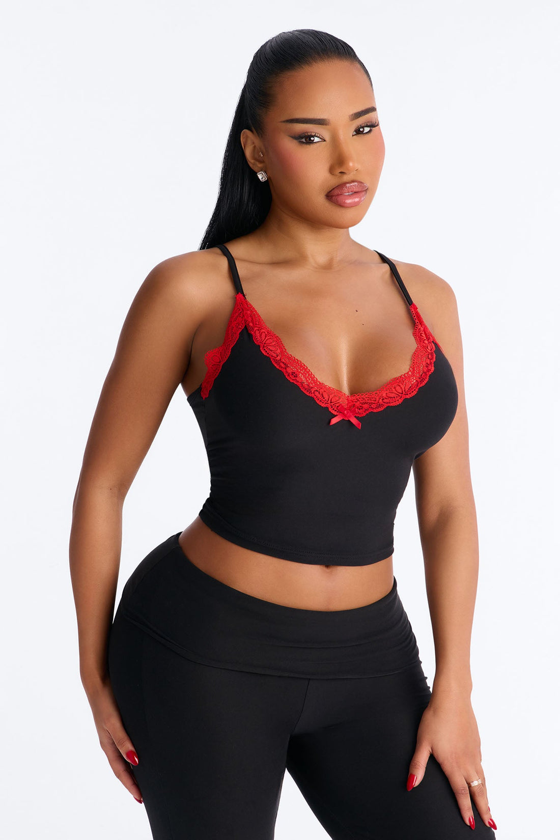 Always Sleeping Cami Fold Over Waist PJ Pant Set - Black/Red