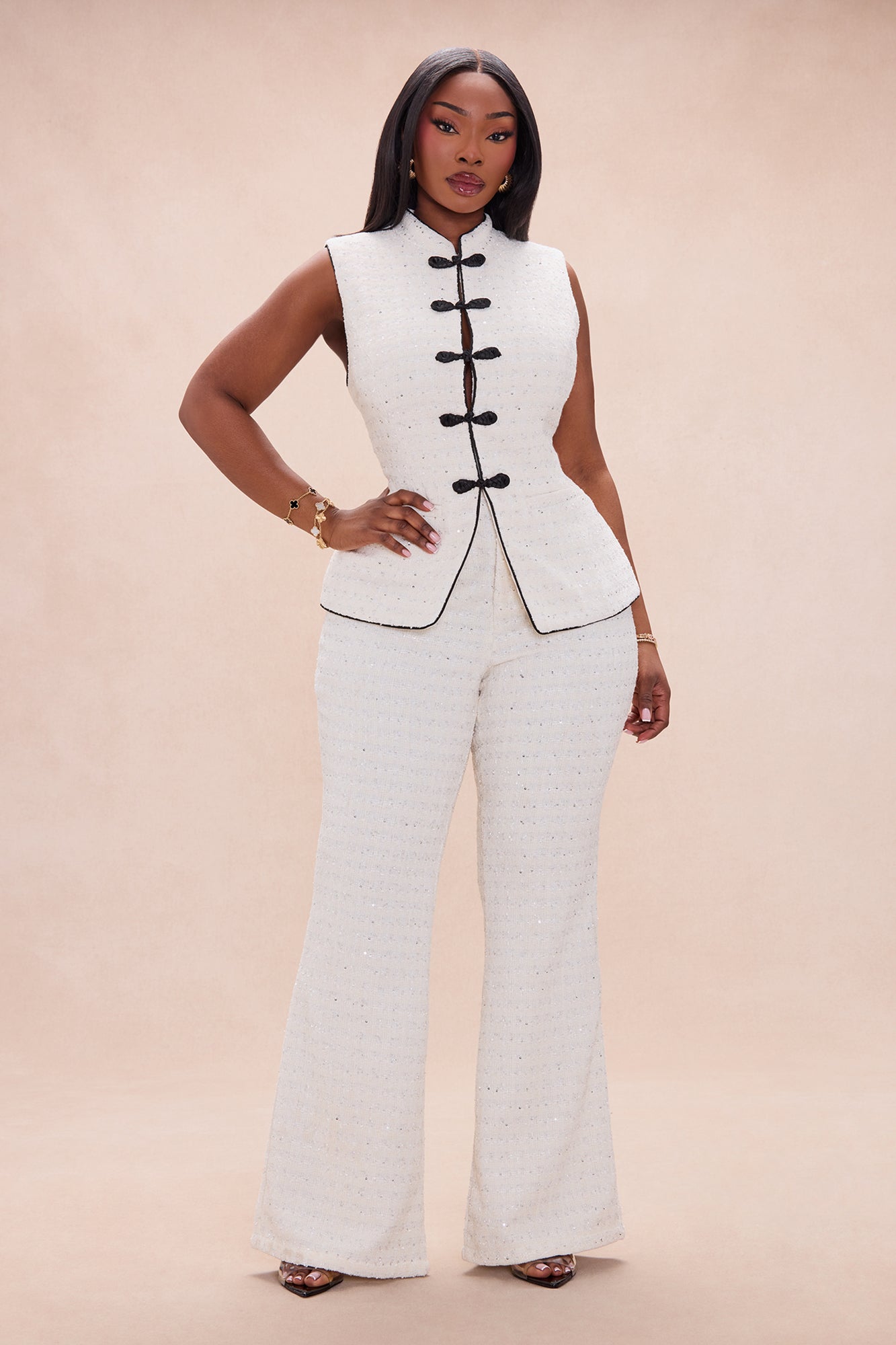 Romey Embellished Tweed Pant Set - Cream/combo
