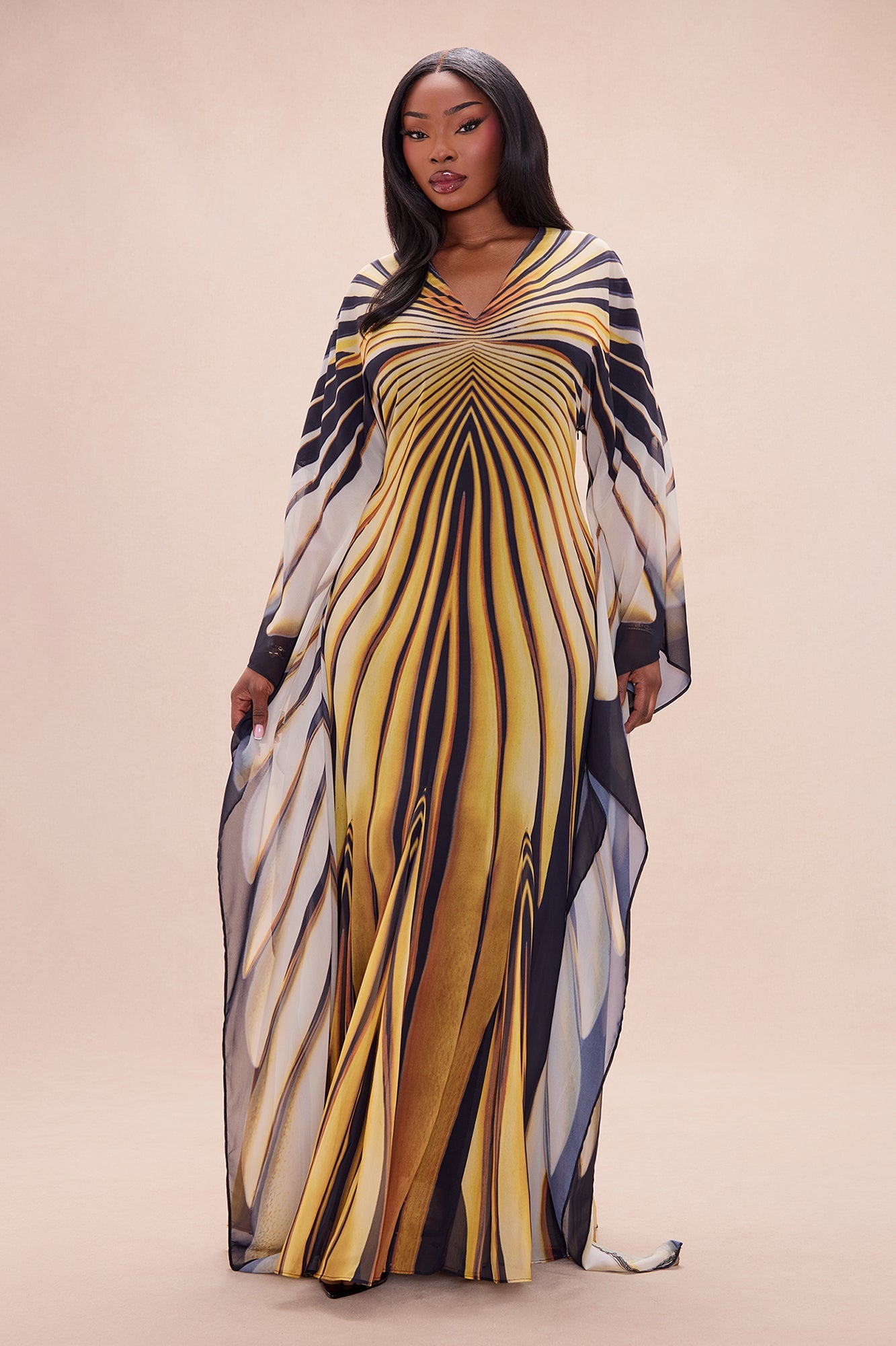 Soleil Bell Sleeve Chiffon Maxi Dress - Yellow/combo