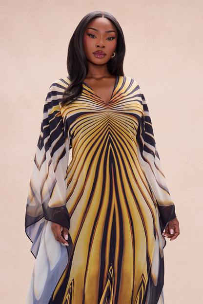 Soleil Bell Sleeve Chiffon Maxi Dress - Yellow/combo