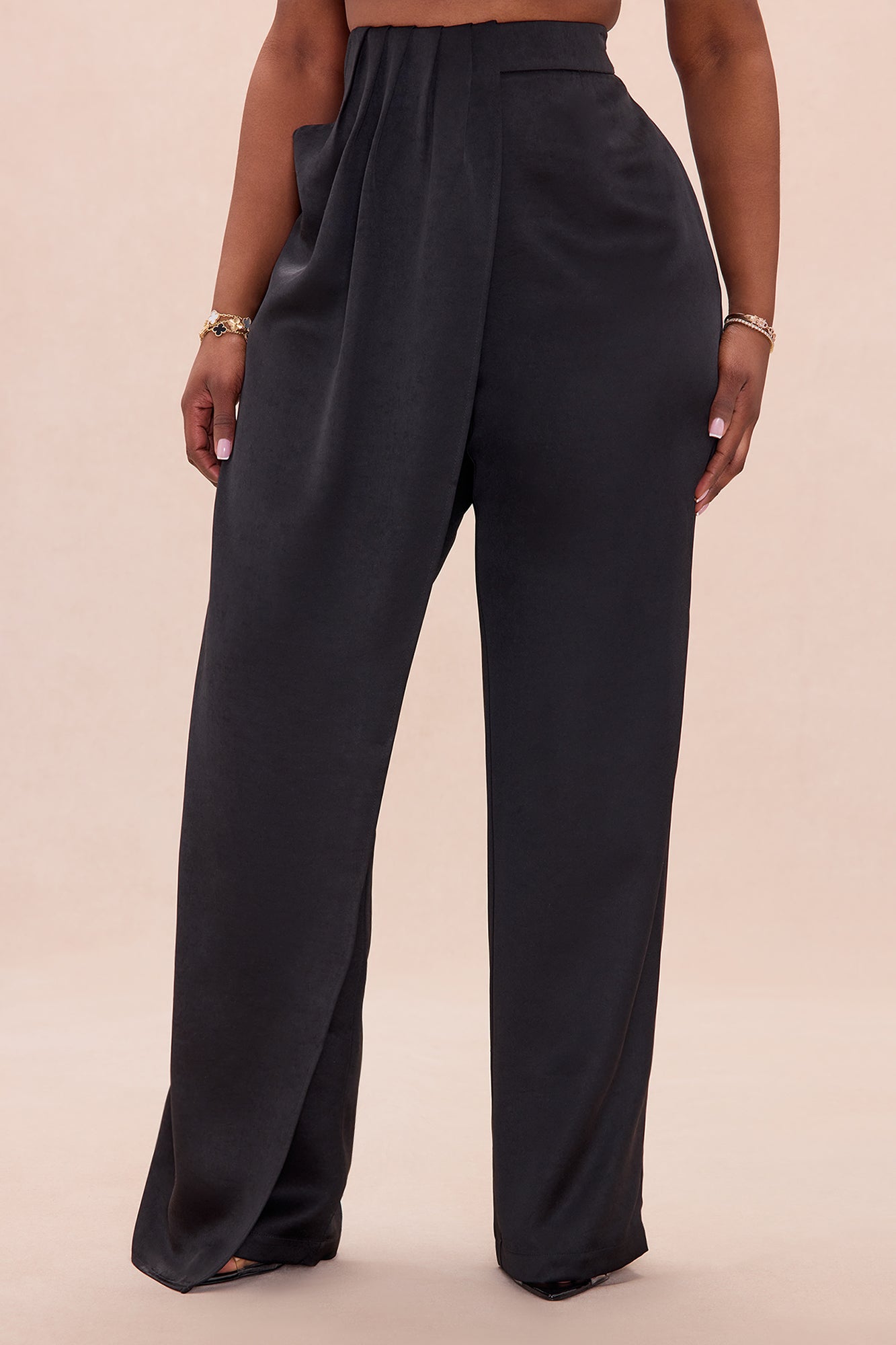 Quinn Pleated Drape Satin Pant - Black