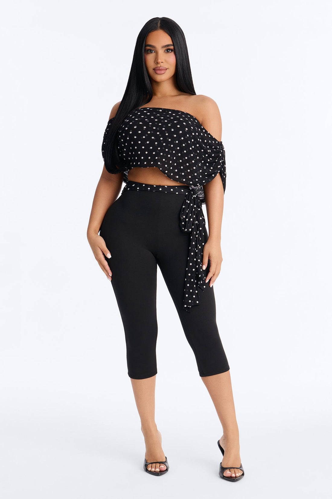Bailey Off Shoulder Polka Dot Capri Set - Black/White