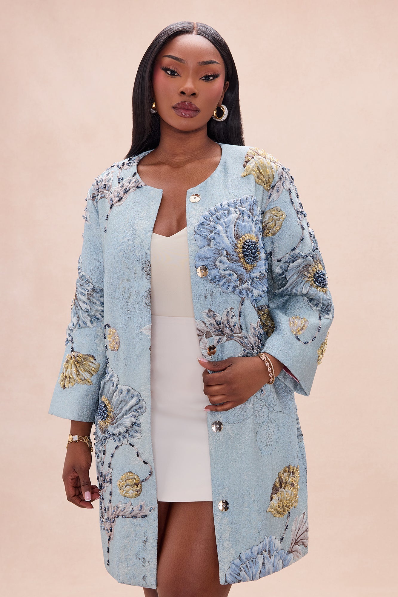Riannon Crew Neck Embellished Jacquard Jacket - Blue