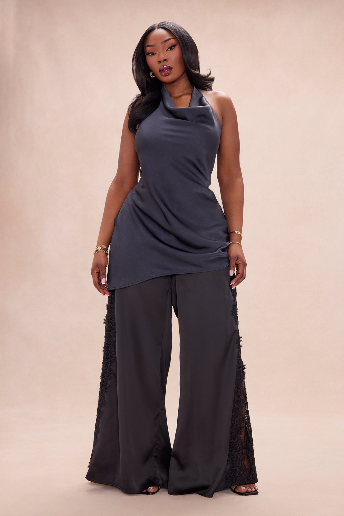 Lilah Embroidered Satin Pant - Black