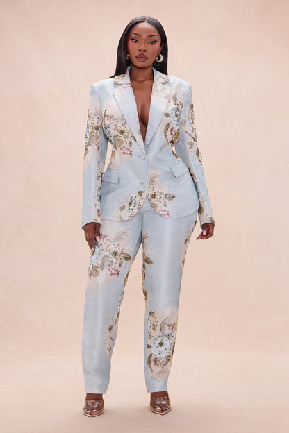 Riannon Embellished Jacquard Blazer Pant Set - Grey