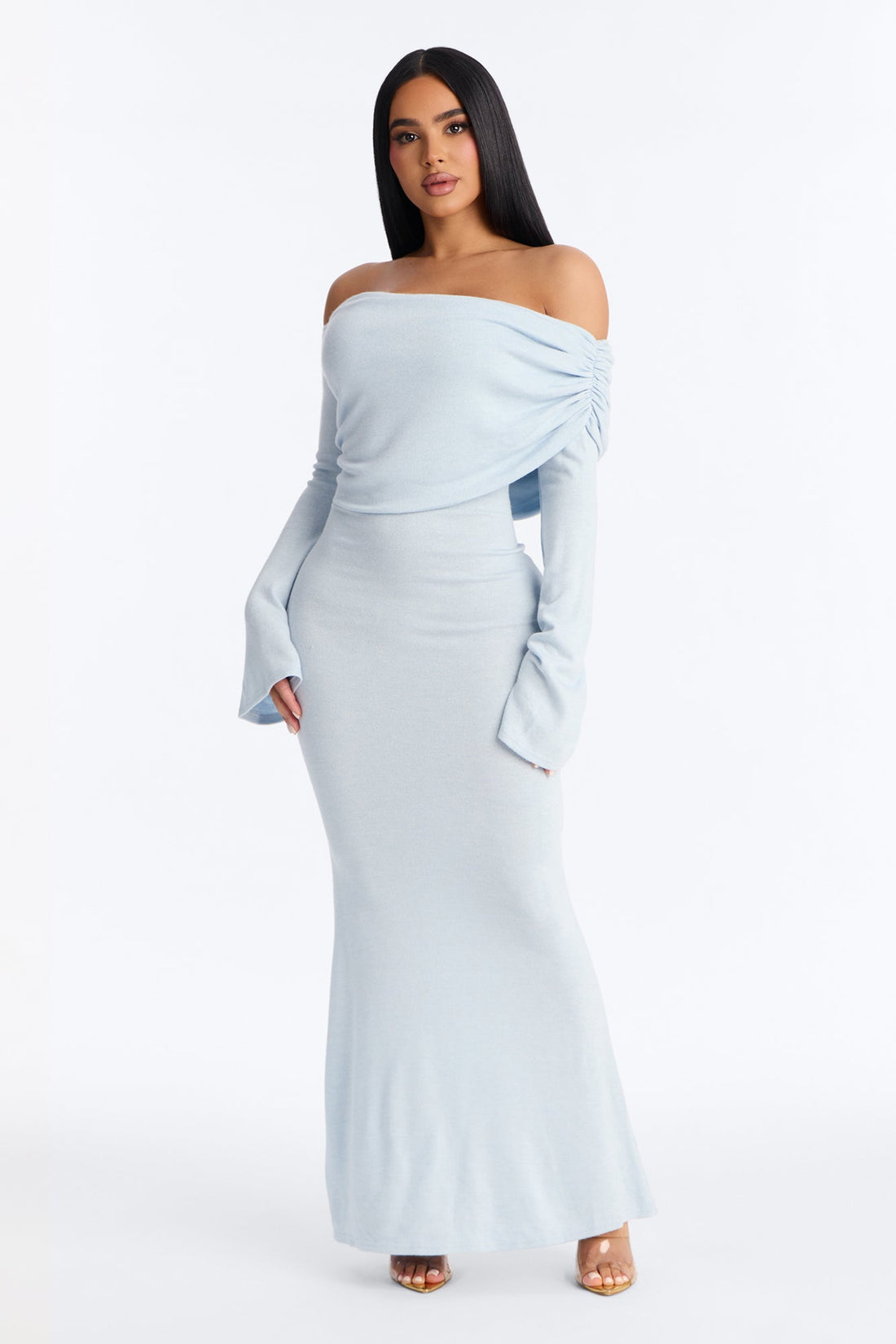 Effortless Vibe Off Shoulder Sweater Maxi Dress - Light Blue