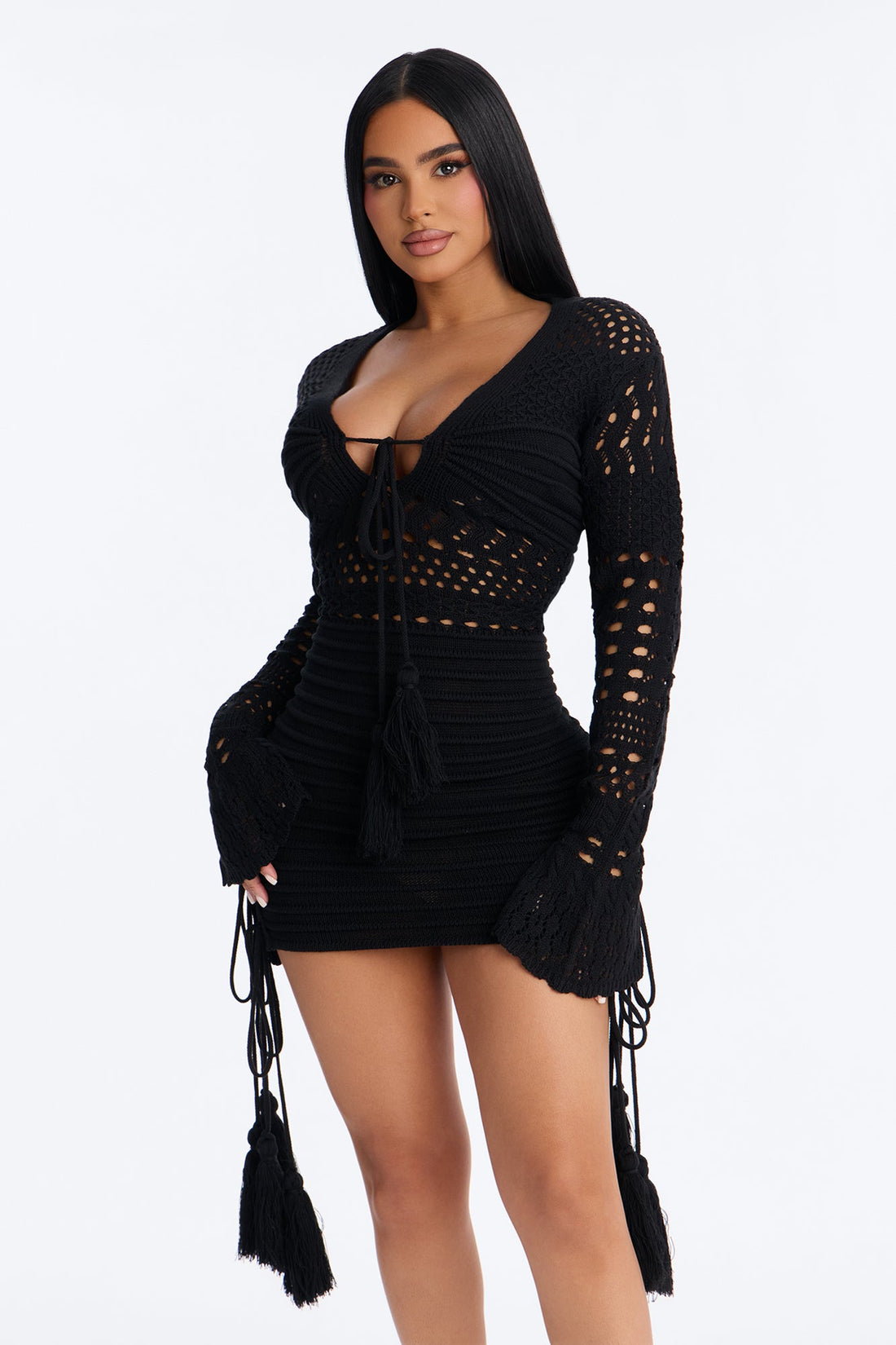 Bailey Tassel Crochet Mini Dress - Black