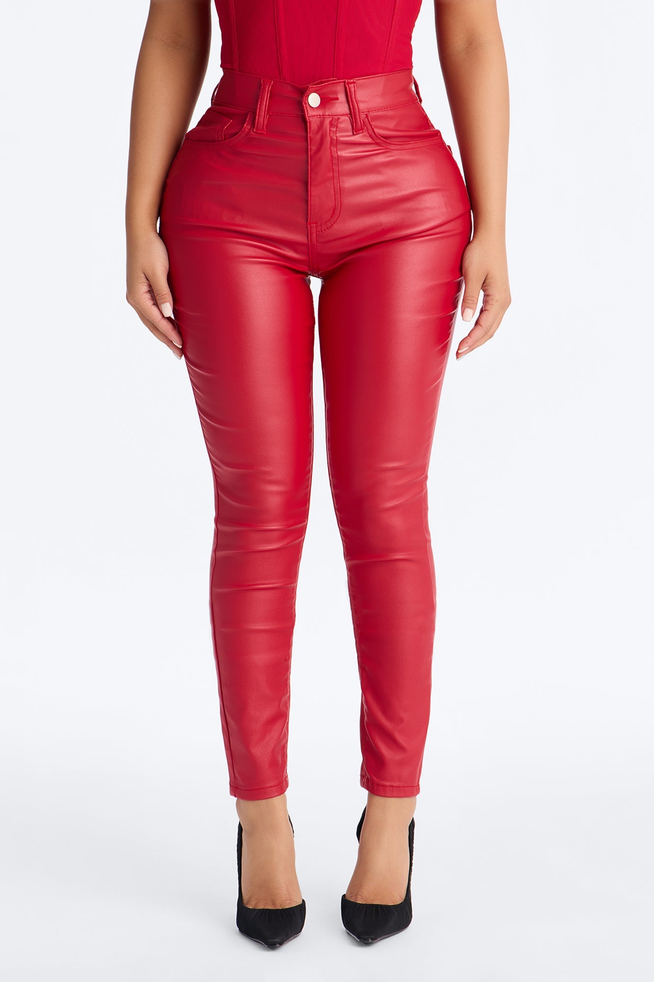 Breaking Hearts Coated Skinny Jeans - Red