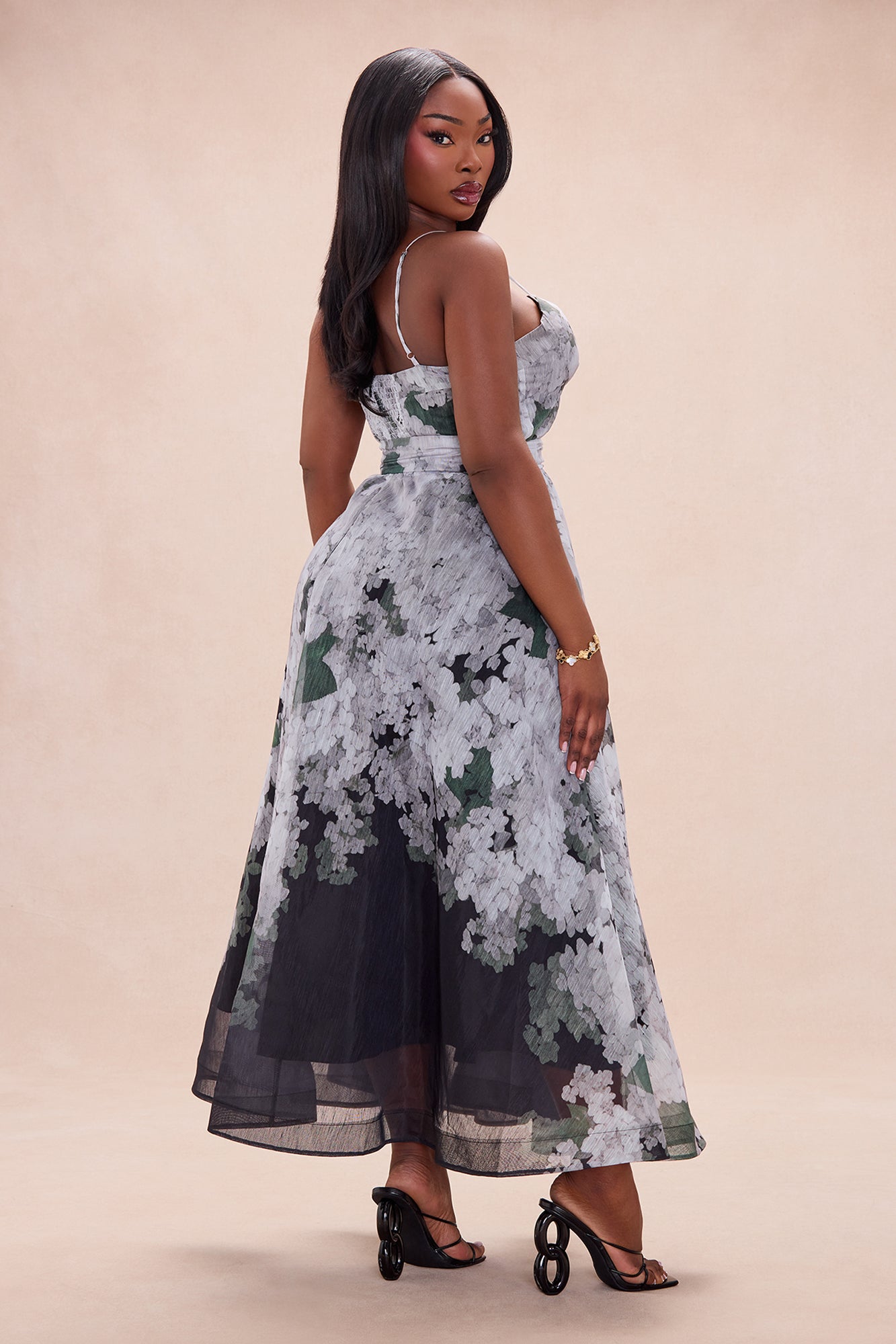 Annabeth Corset Waist Organza Maxi Dress - Grey/combo