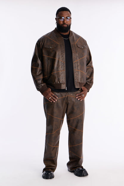 Straight Vintage Chainstitch Faux Leather Pant - Brown