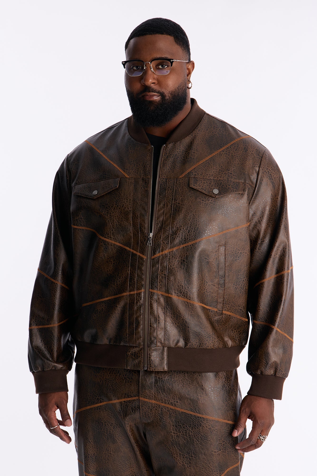 Vintage Chainstitch Faux Leather Bomber Jacket - Brown