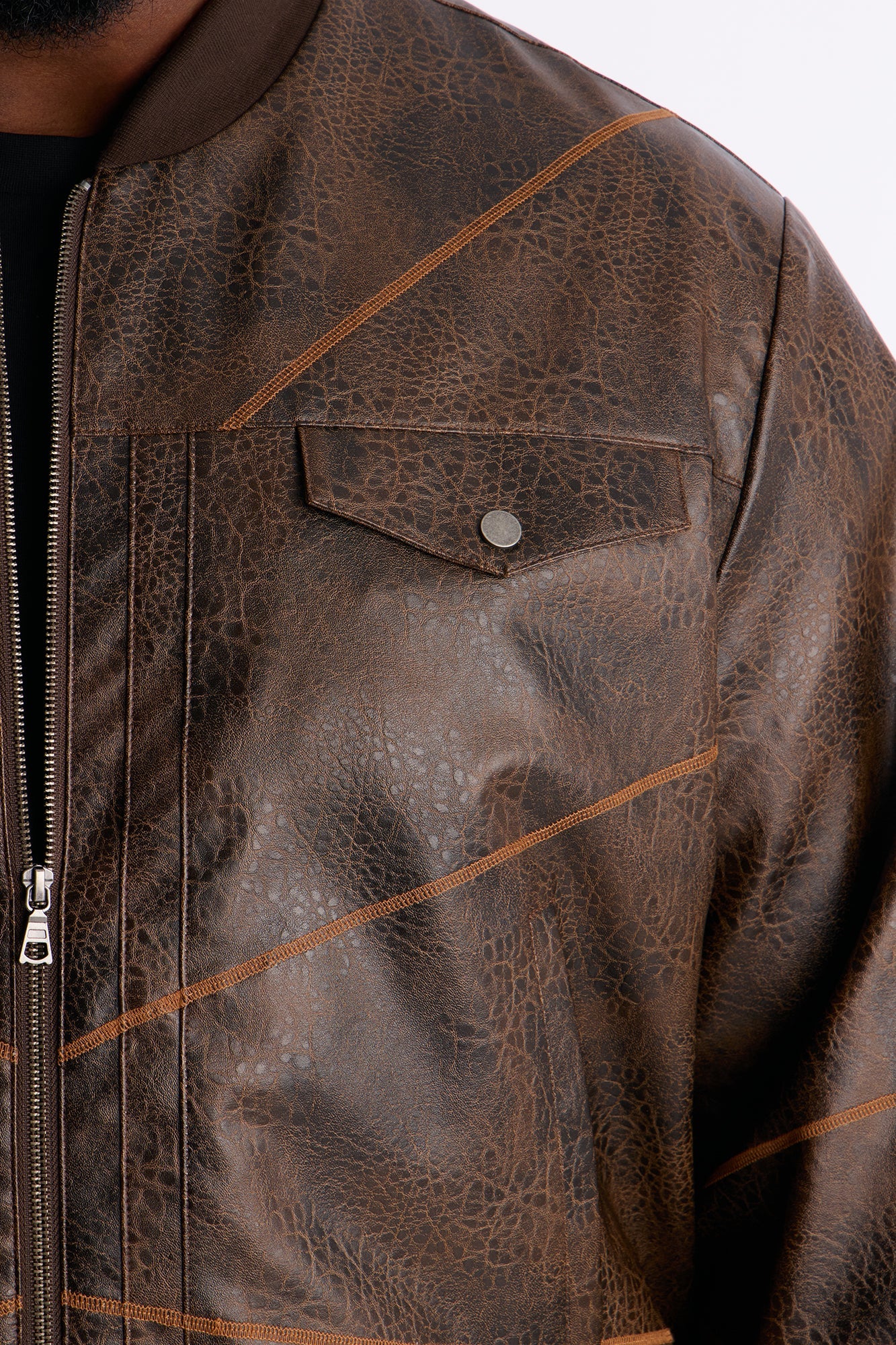 Vintage Chainstitch Faux Leather Bomber Jacket - Brown