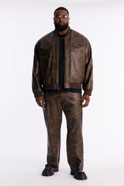 Vintage Chainstitch Faux Leather Bomber Jacket - Brown