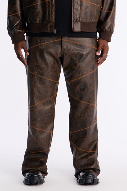 Straight Vintage Chainstitch Faux Leather Pant - Brown