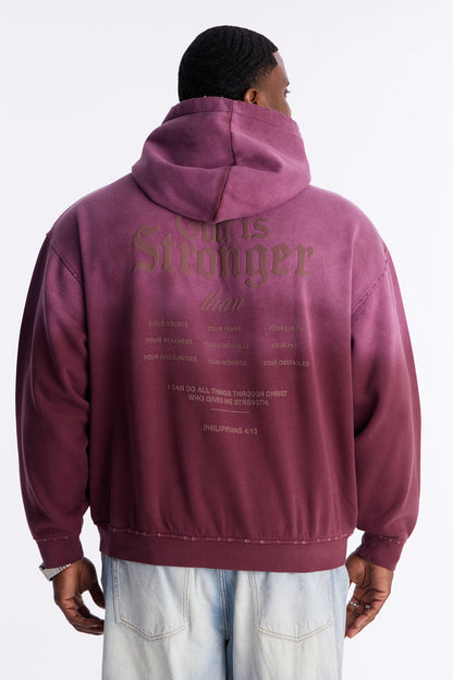 God Is Stronger Rhinestone Hoodie - Plum