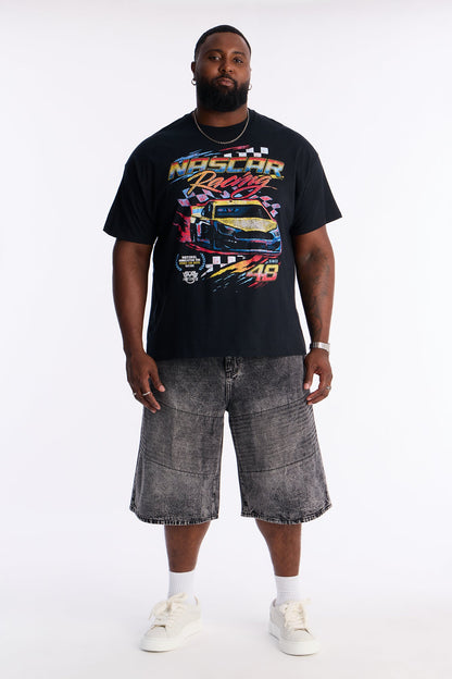 Baggy Embossed Linez Denim Short - Acid Wash Black