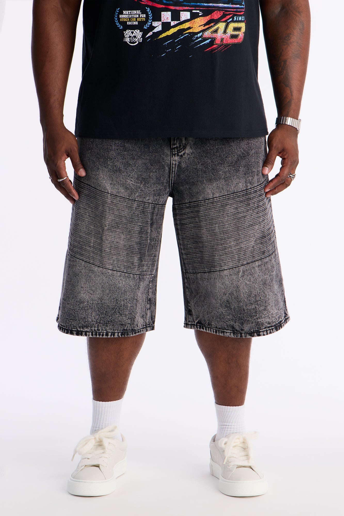 Baggy Embossed Linez Denim Short - Acid Wash Black