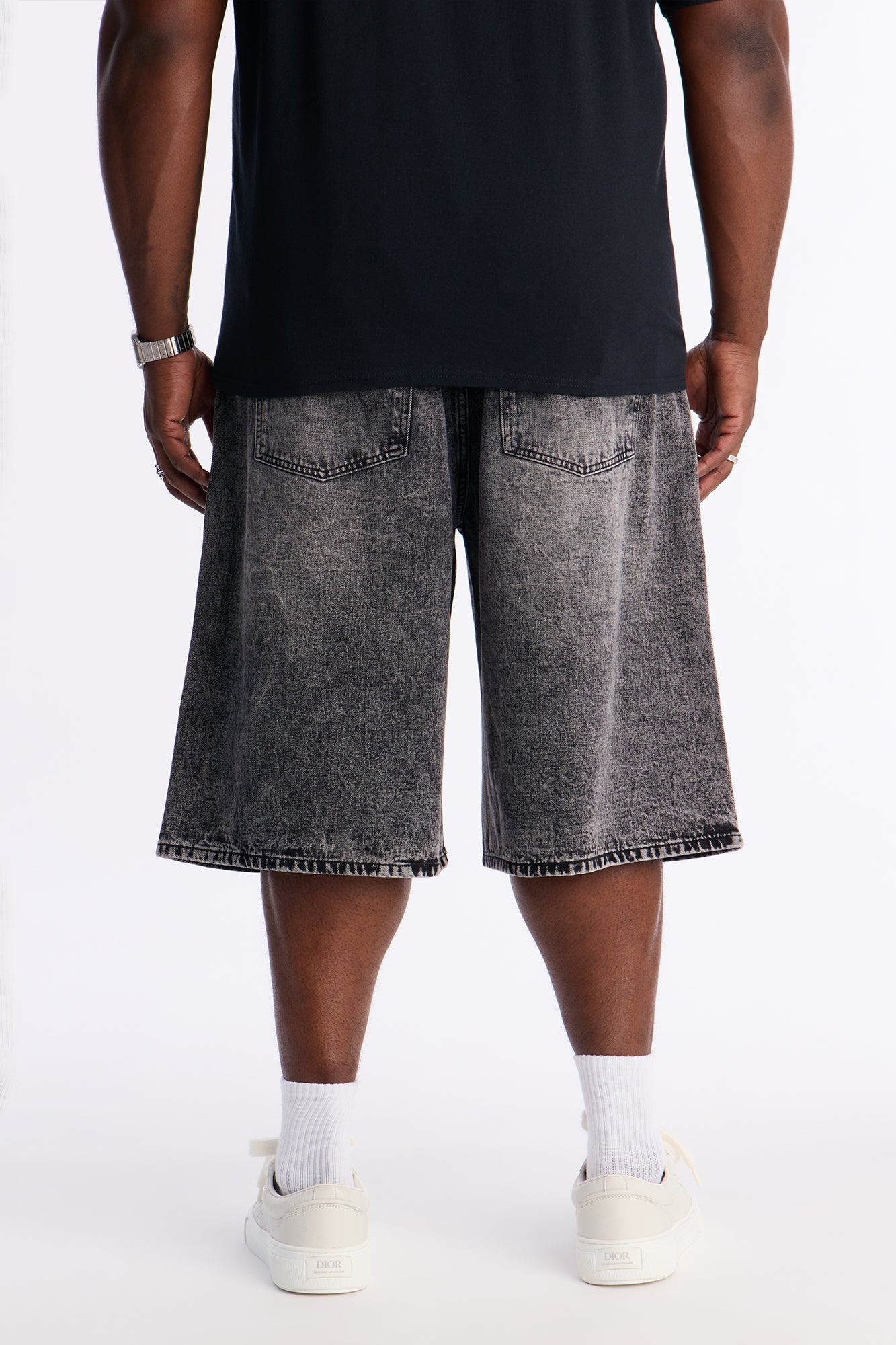 Baggy Embossed Linez Denim Short - Acid Wash Black