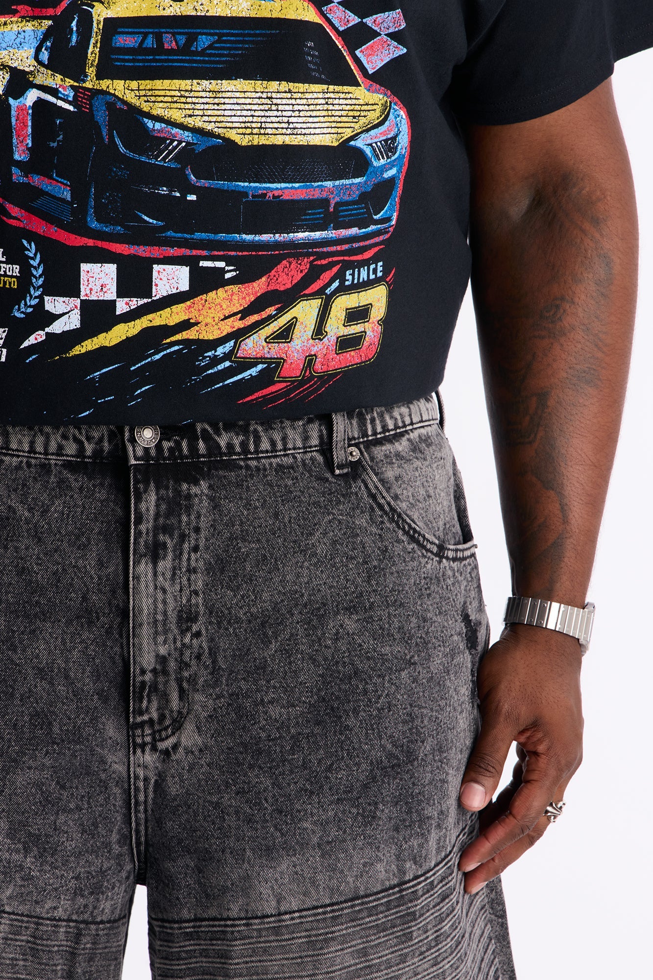 Baggy Embossed Linez Denim Short - Acid Wash Black