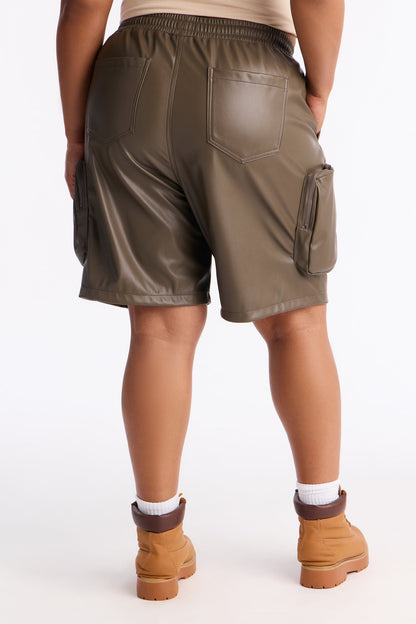 Rebellious Faux Leather Bermuda Short - Olive