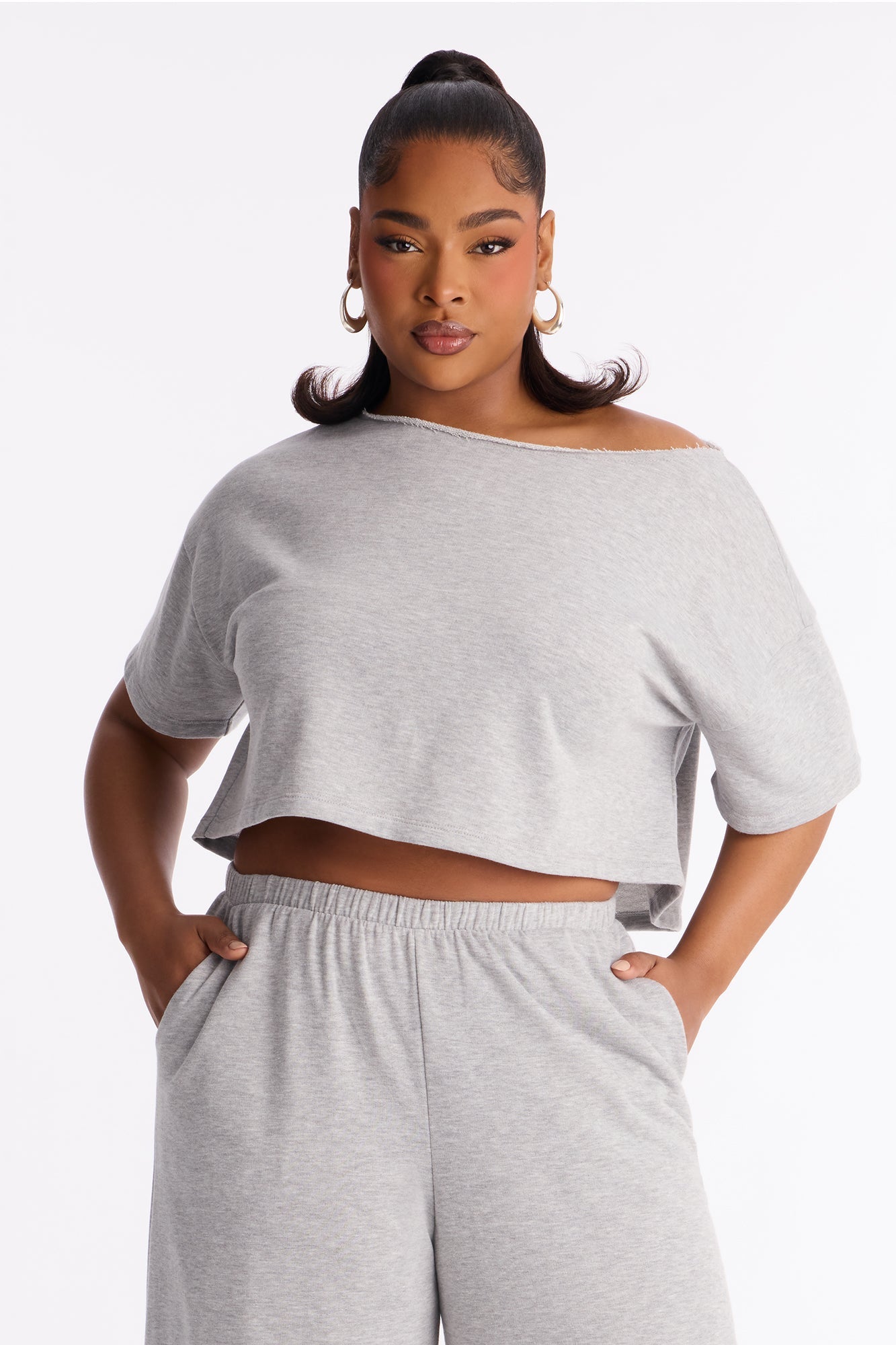 Chill Status Off Shoulder Pant Set - Heather Grey