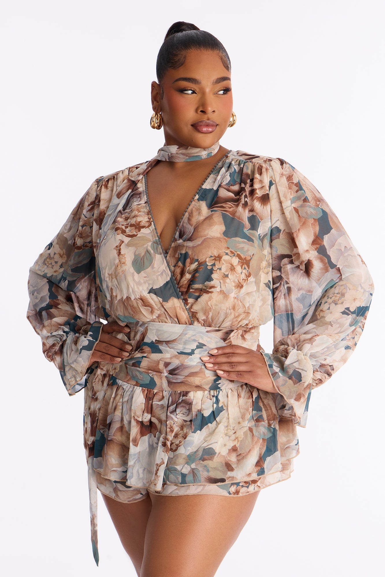 Cynthia Chiffon Long Sleeve Romper With Scarf - Taupe/combo