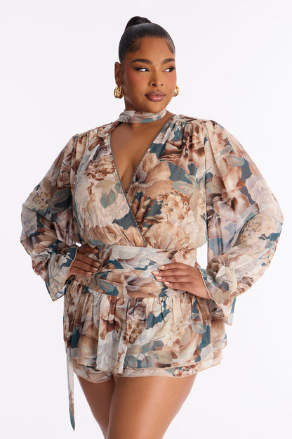 Cynthia Chiffon Long Sleeve Romper With Scarf - Taupe/combo