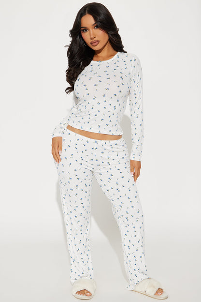 Cozy Dreams Ribbed PJ Pant Set - White/Blue
