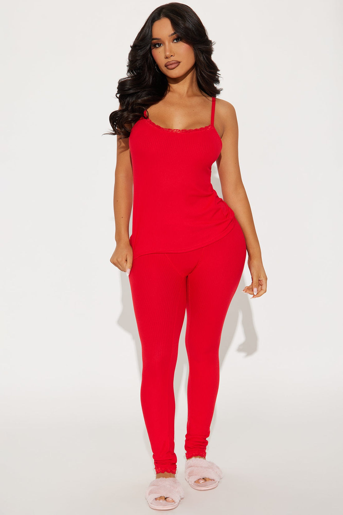 Stay The Night Ribbed PJ Pant Set - Red