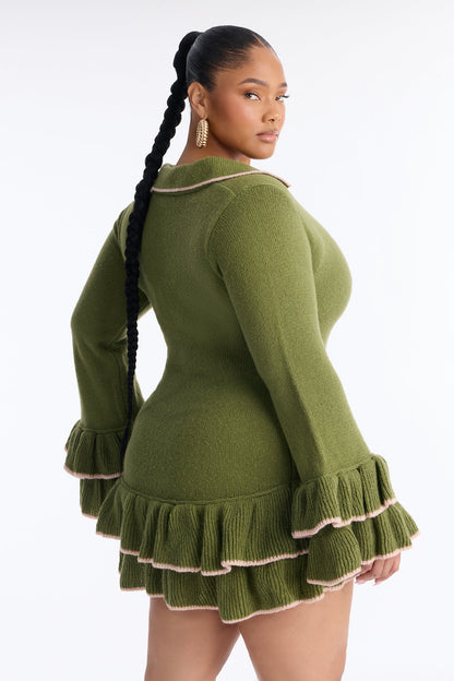 Carly Ruffle Hem Sweater Mini Dress - Olive