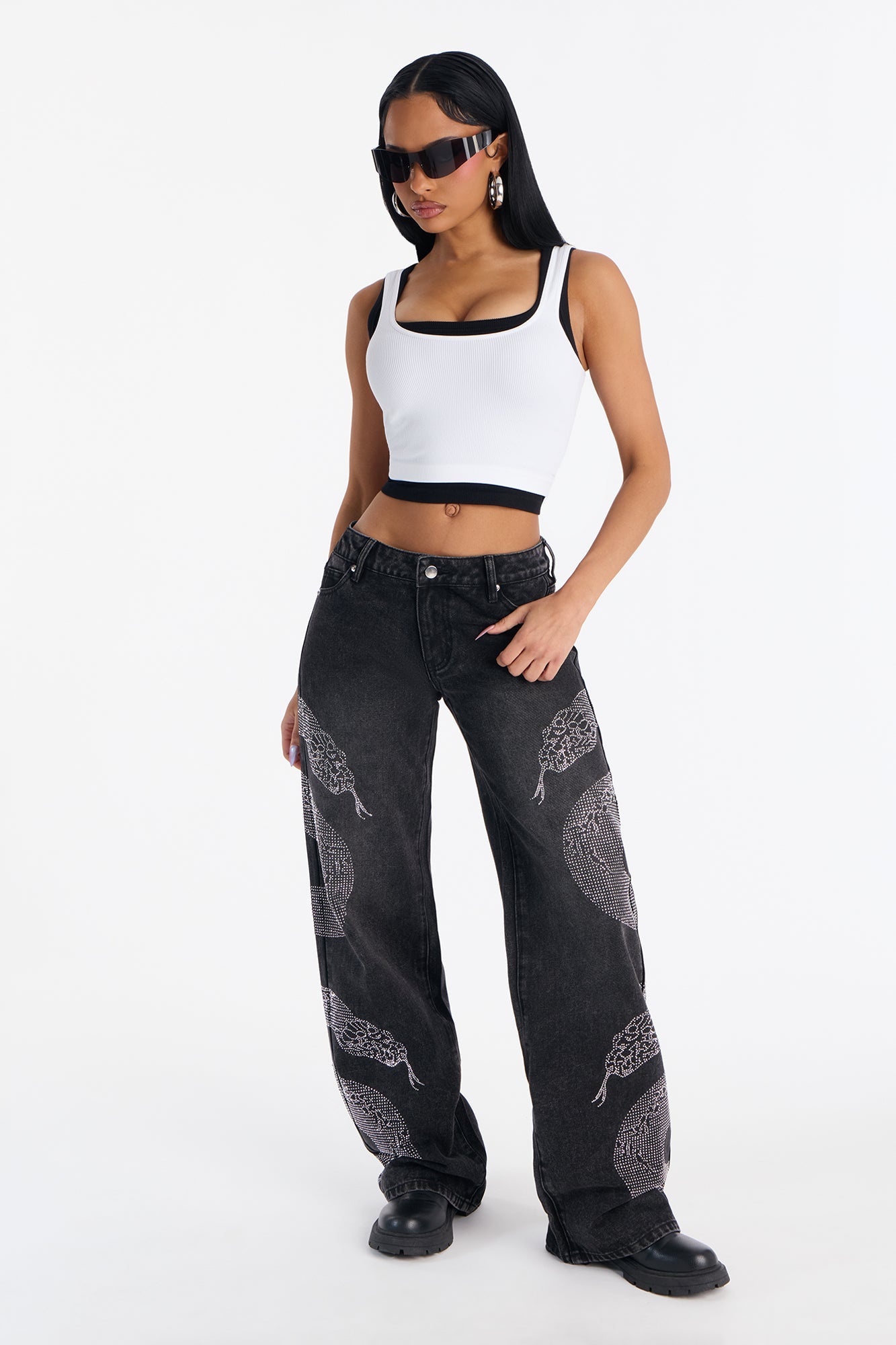 Westside Snake Embellished Low Rise Wide Leg Jean - Black Wash