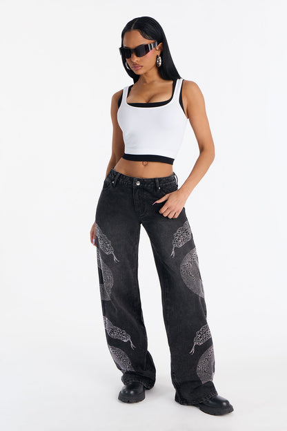 Westside Snake Embellished Low Rise Wide Leg Jean - Black Wash