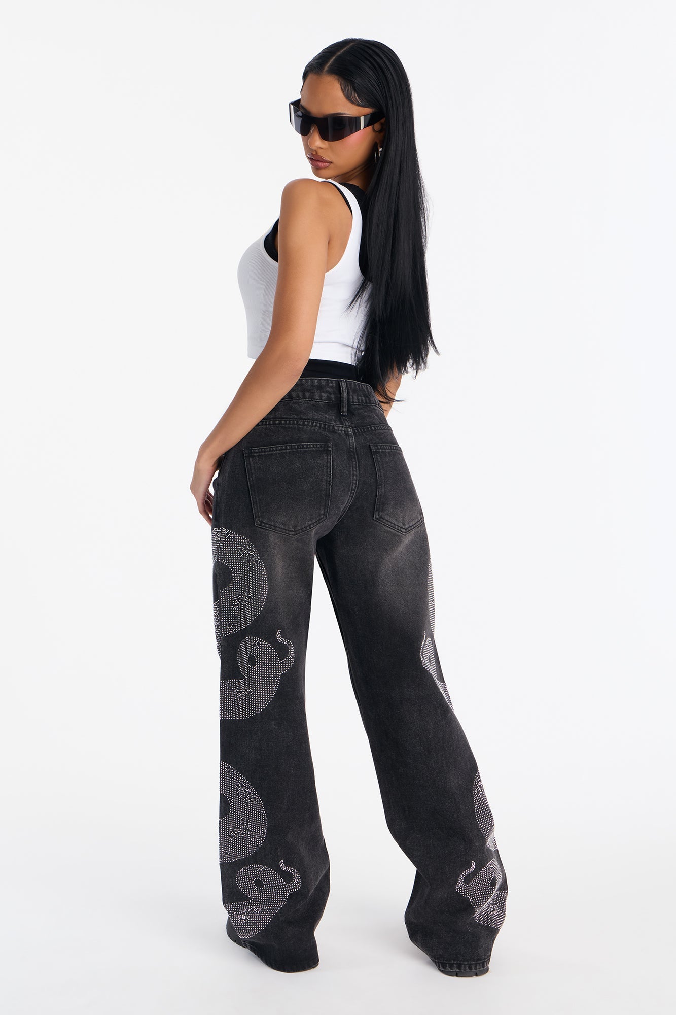 Westside Snake Embellished Low Rise Wide Leg Jean - Black Wash
