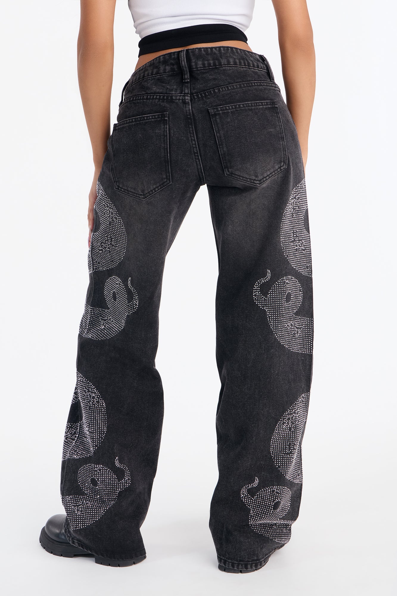 Westside Snake Embellished Low Rise Wide Leg Jean - Black Wash