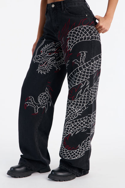Dragon Fire Embroidered Wide Leg Jeans - Black Wash
