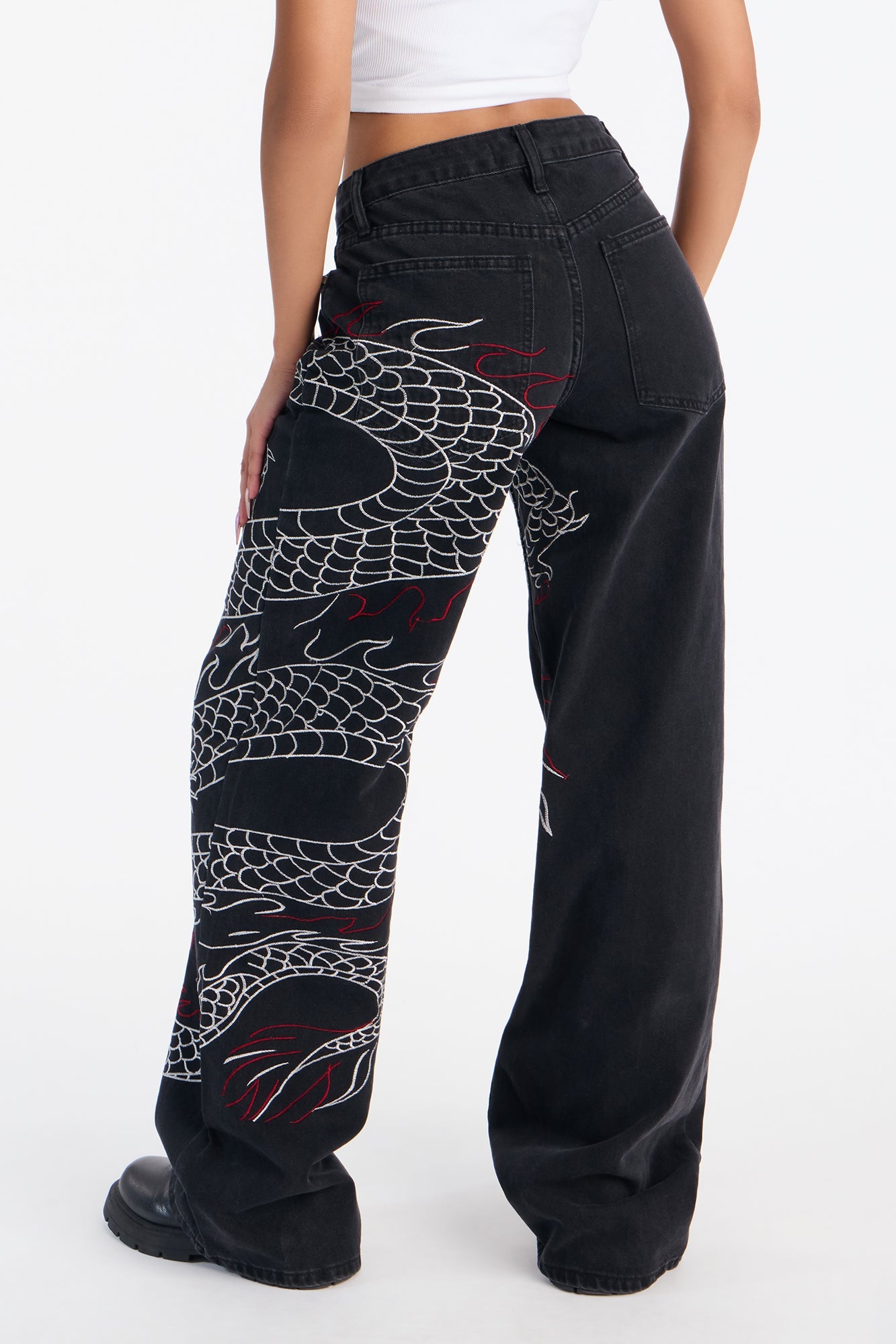 Dragon Fire Embroidered Wide Leg Jeans - Black Wash
