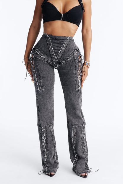 Head Turner Lace Up Bootcut Jeans - Black Wash