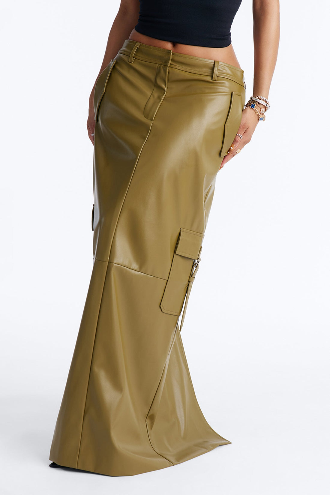 Catwalk Chic Faux Leather Cargo Maxi Skirt - Olive