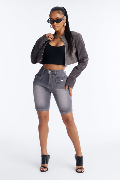 Shocker Tinted Stretch Denim Bermuda Shorts - Grey
