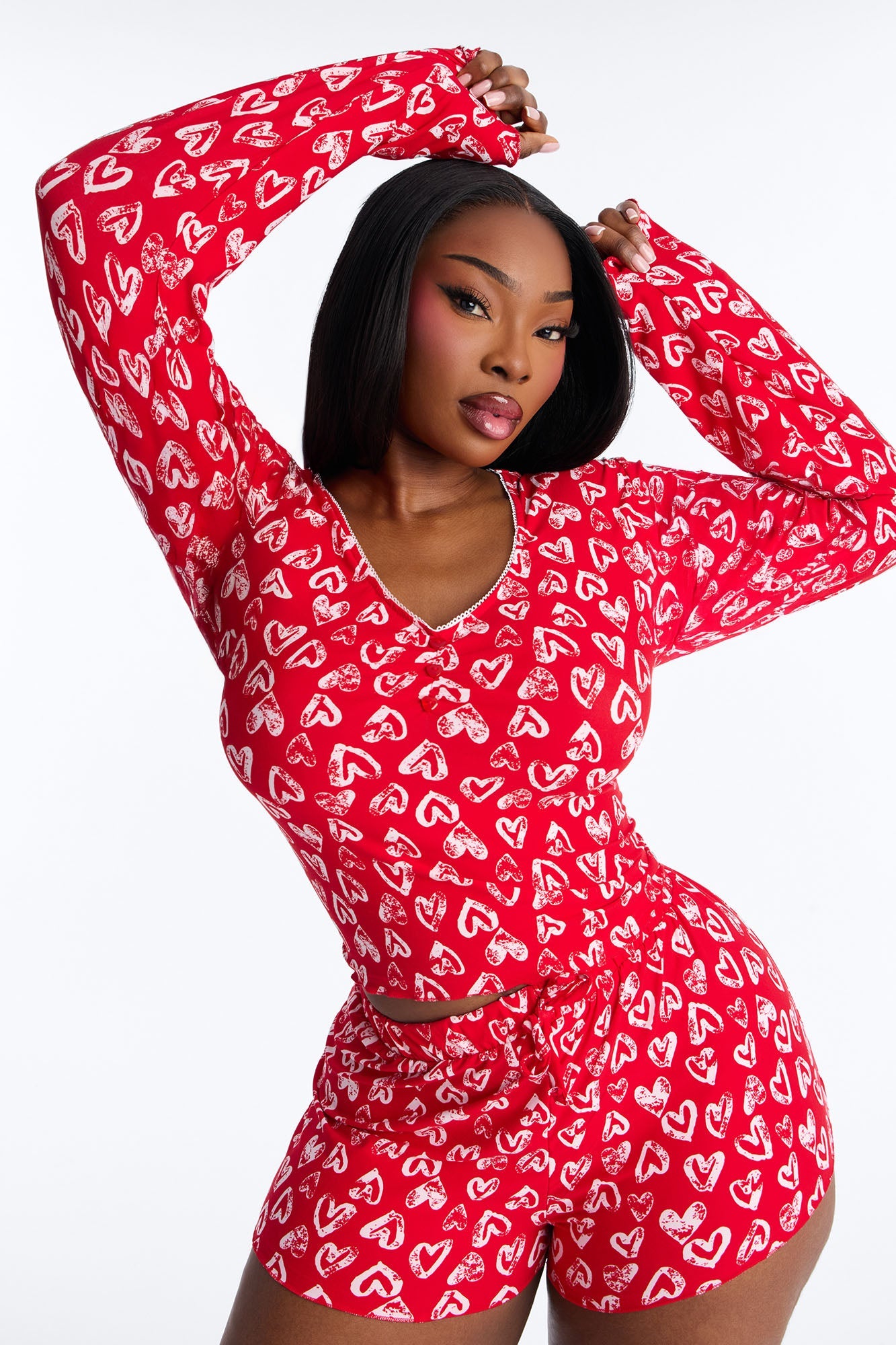 Love Everywhere Long Sleeve PJ Short Set - Red/White